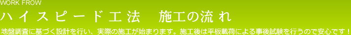 ハイスピード工法 施工の流れ 地盤調査に基づく設計を行い、実際の施工が始まります。施工後は平板載荷による事後試験を行うので安心です！